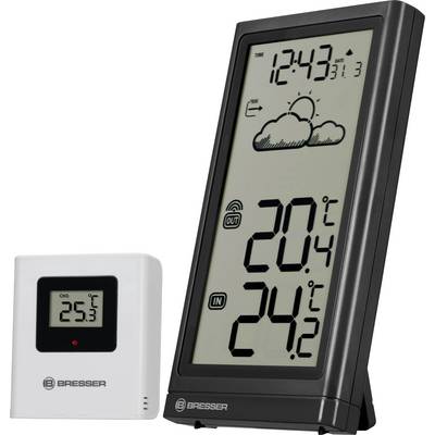 A black and white digital weather station display shows indoor temperature 24.2°C and outdoor temperature 20.1°C, with cloud icons.