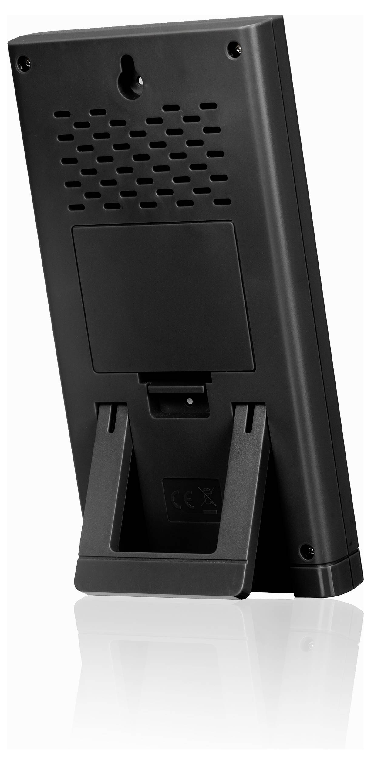 The image shows a black electronic device with a stand, possibly a thermometer or clock, viewed from the back.