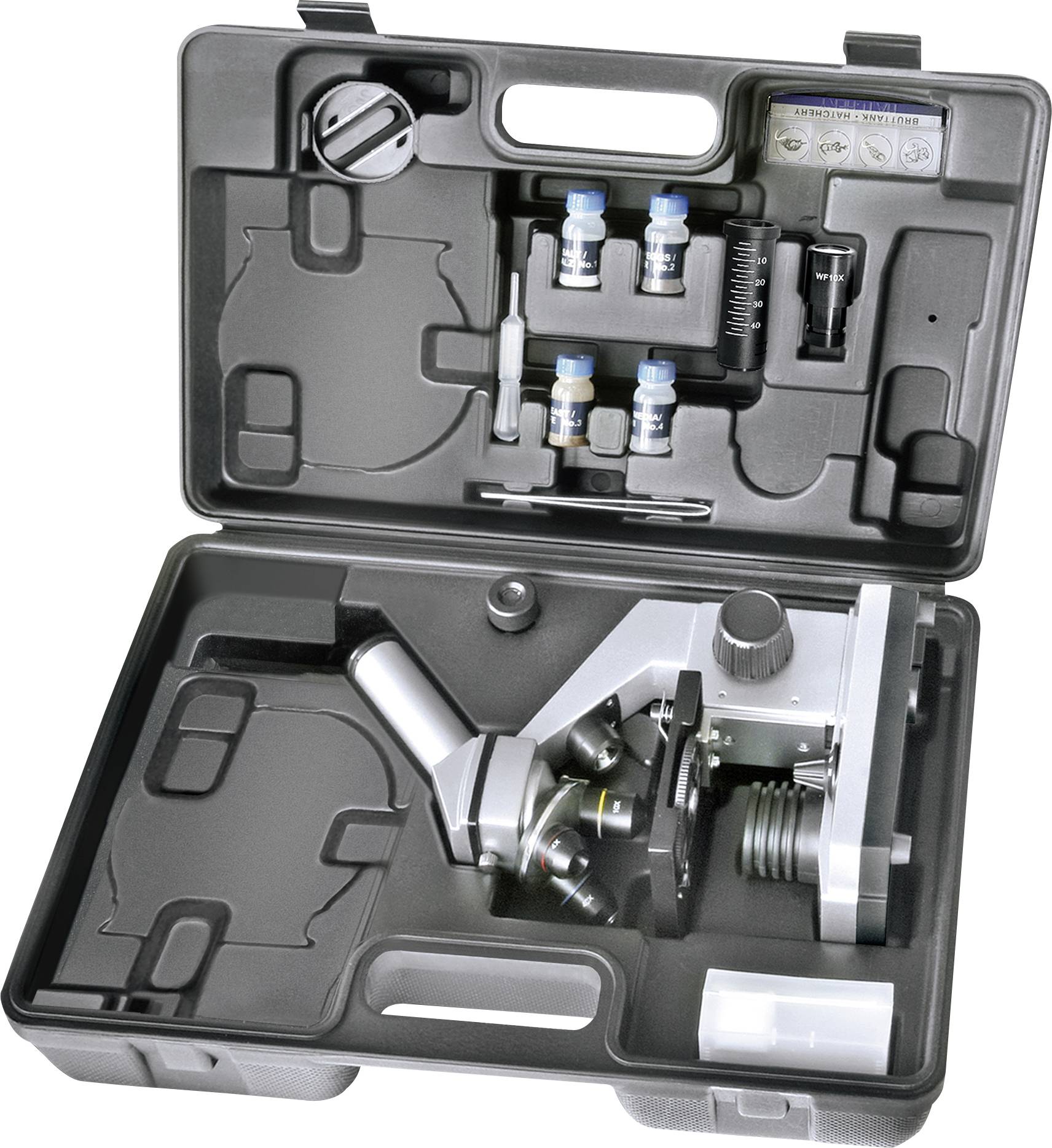 Open black carry case with a microscope and accessories, including slides, pipettes, and small bottles.