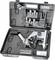 Open black carry case with a microscope and accessories, including slides, pipettes, and small bottles.