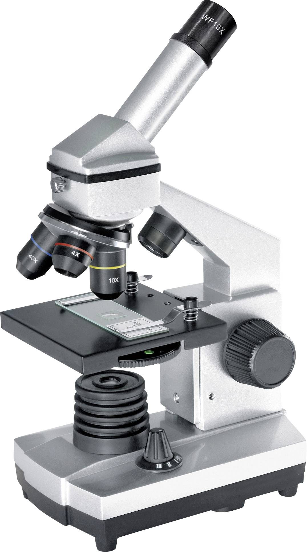 Microscope with three objective lenses and a slide on the stage. Ideal for scientific investigations in the laboratory.