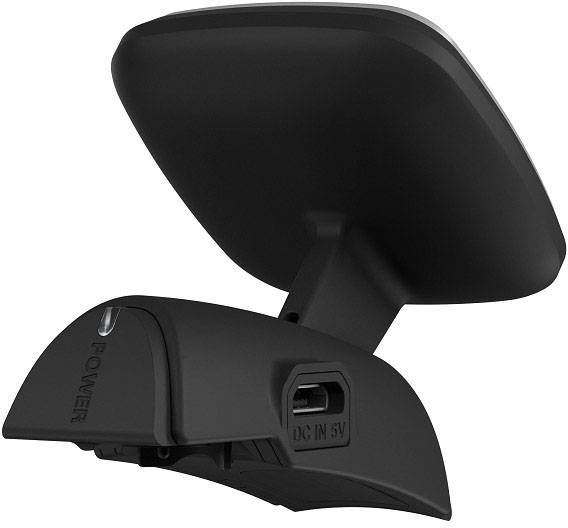 A black, angled electronic device with a DC 5V power socket and a power on/off button.