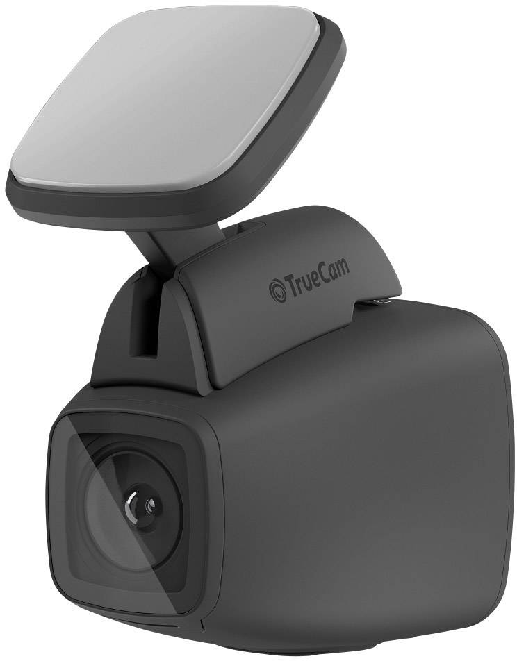 Dashcam in black casing with swivel mount and lens at the front.