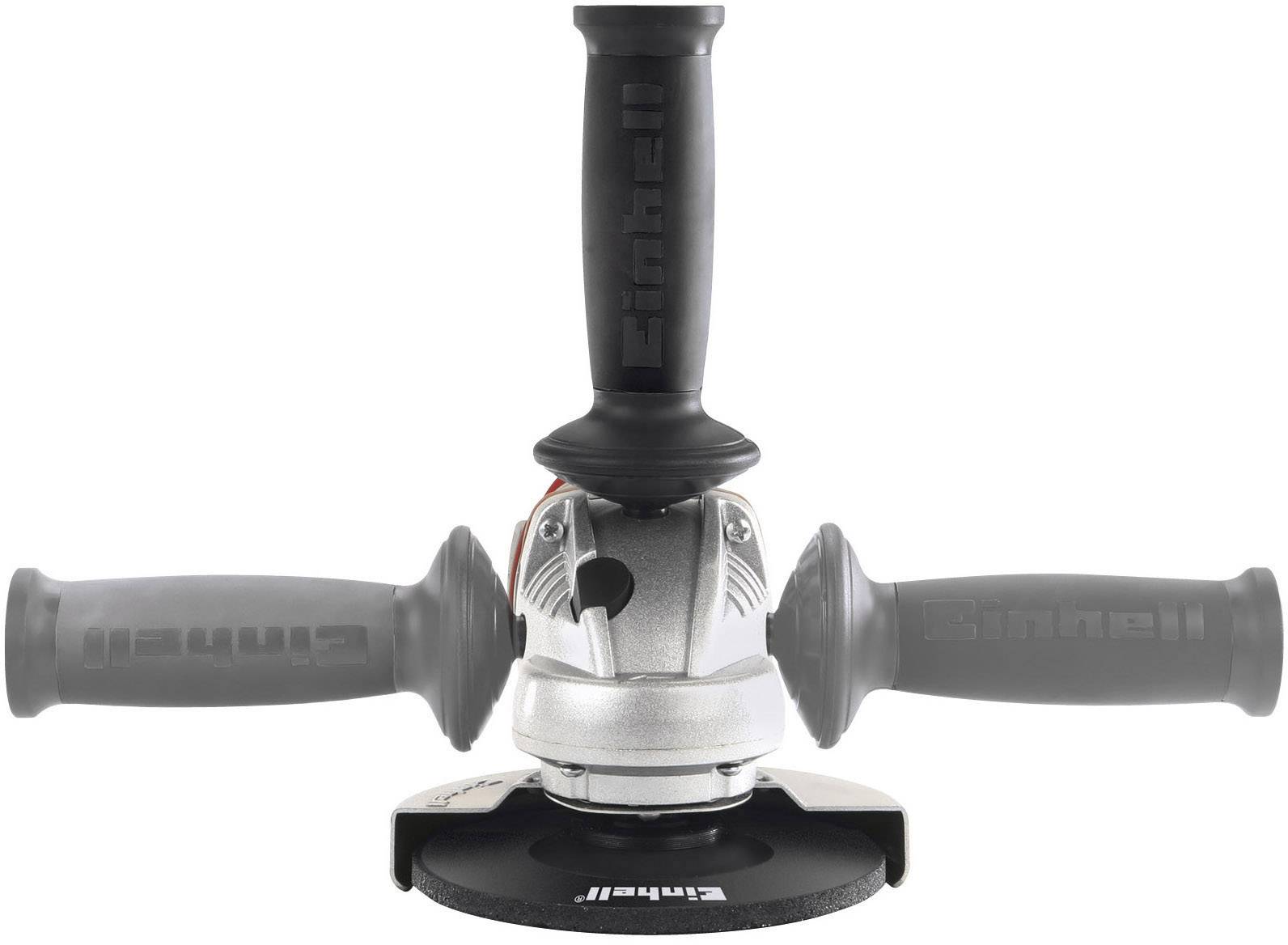 An angle grinder with a handle shown in two positions. The design demonstrates the tool's adaptability.