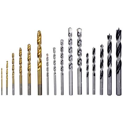 Various drill bit sizes arranged in a row, increasing from left to right, with gold and silver coatings.