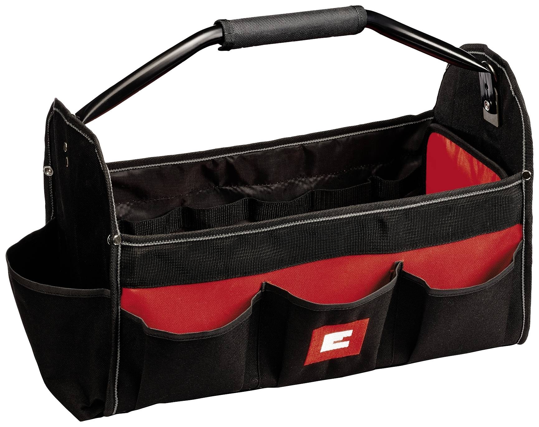 A black and red tool bag with multiple external pockets and a sturdy handle. It is open and ready for use.
