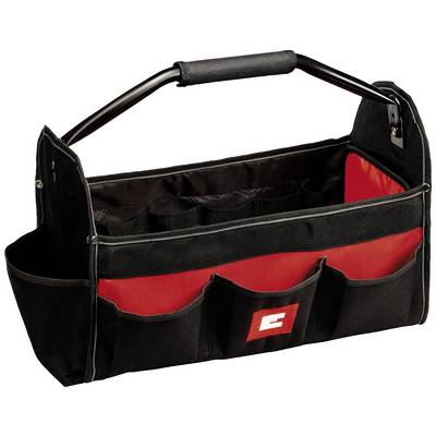 A black and red tool bag with multiple external pockets and a sturdy handle. It is open and ready for use.