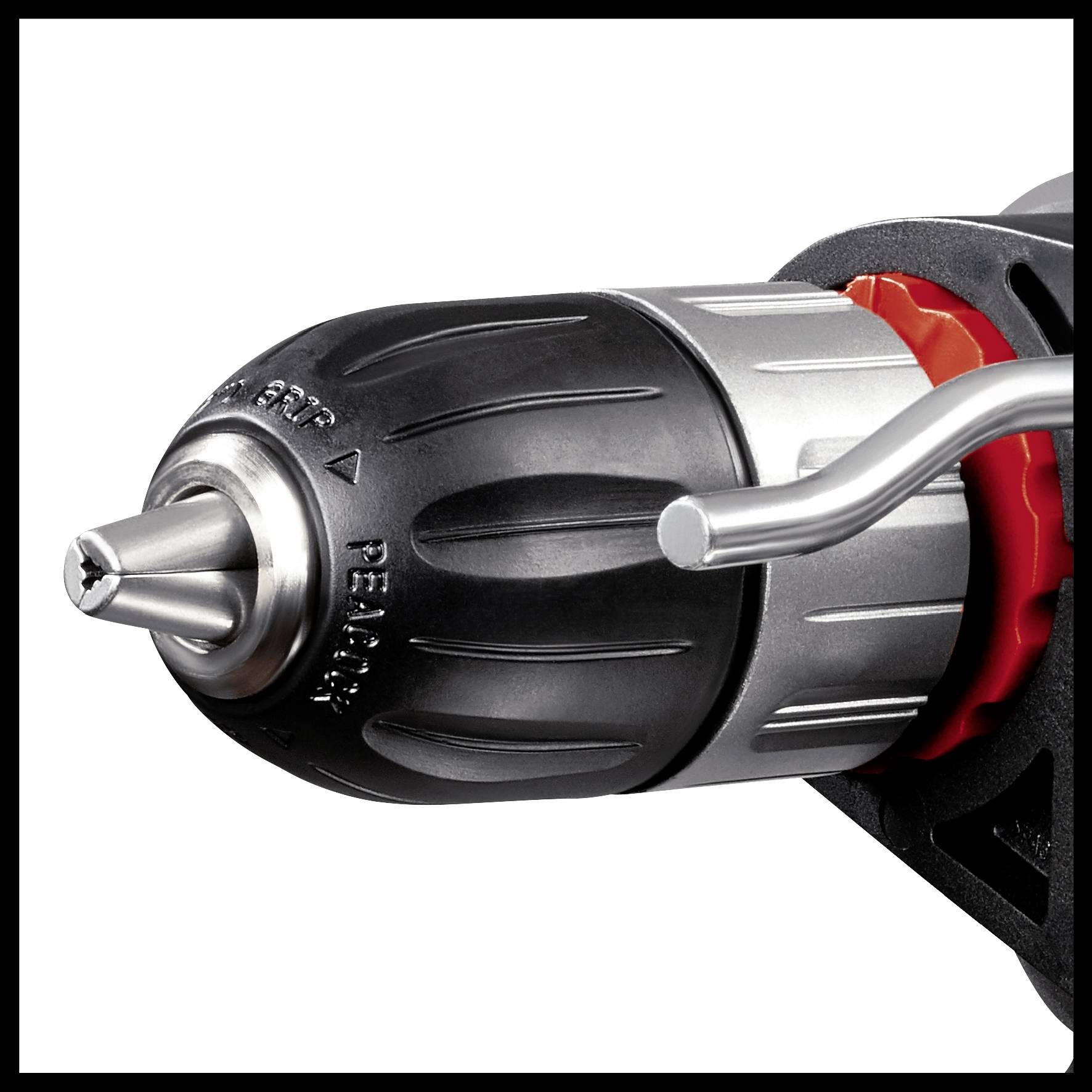 Chuck of an electric drill, with a black rubber grip and silver metal attachment, ready for use.