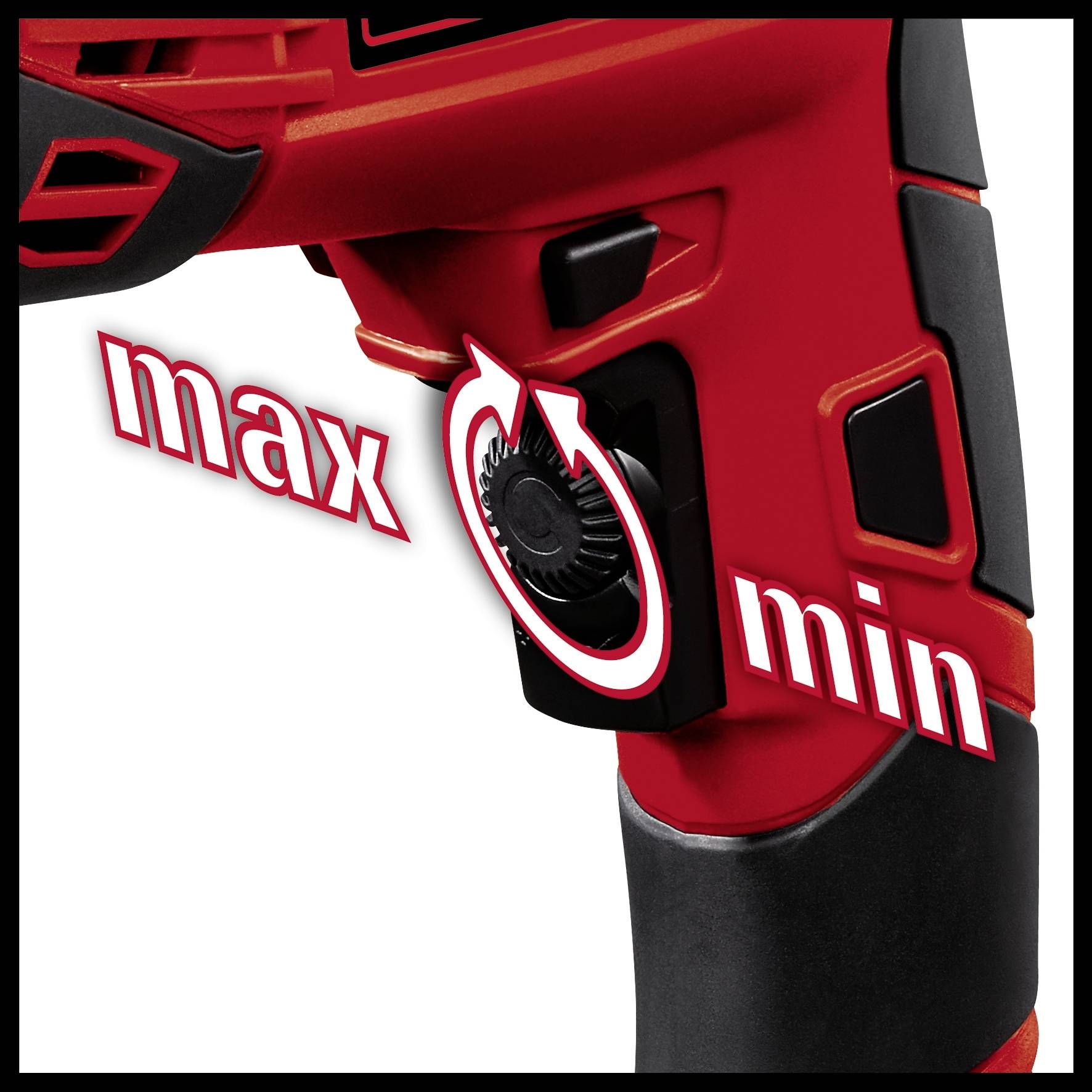 A red device with a rotary knob marked with 'max' and 'min' indicates the setting of maximum and minimum power.