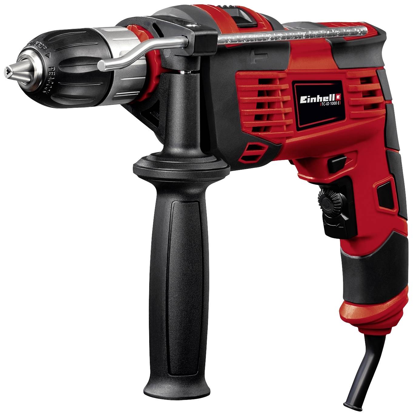 A red and black handheld power drill with handles and a silver drill head. Brand name visible on the side.