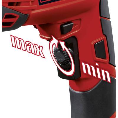 A red handle with a rotary dial indicating 'max' and 'min' for adjusting the speed of a tool.