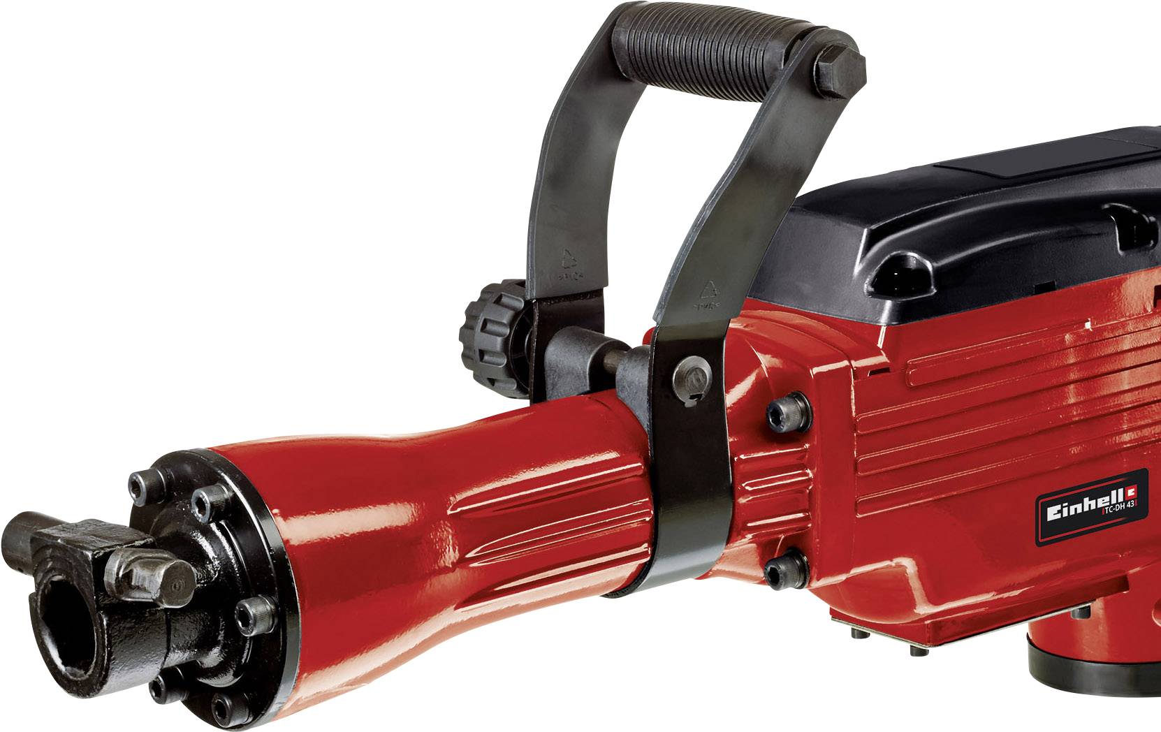 A red electric demolition hammer with a black handle, suitable for heavy construction work and breaking up hard materials.