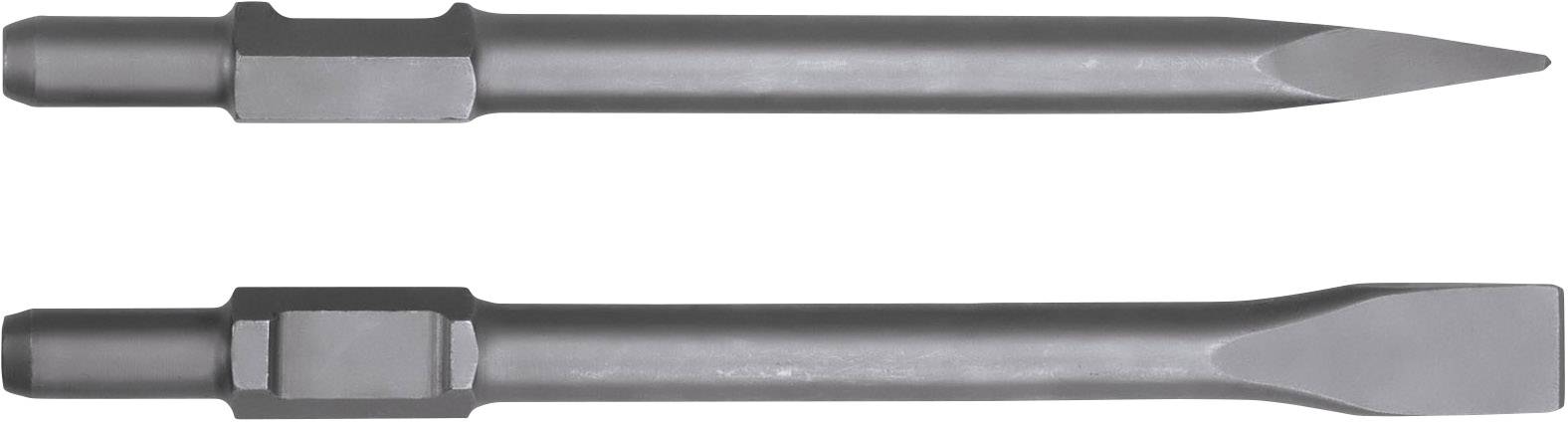Two grey chisel points, one pointed and one flat, lying side by side, for use with heavy machinery.