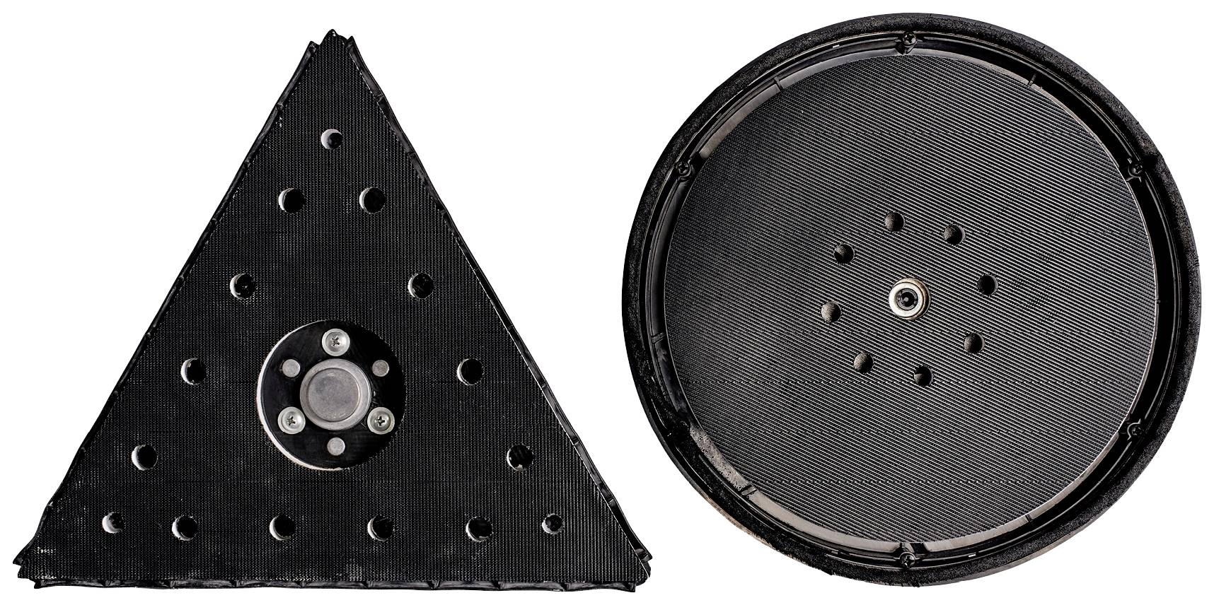 Two black components made of carbon fibre: on the left, a triangular module, on the right, a circular module, both with central mounting points.
