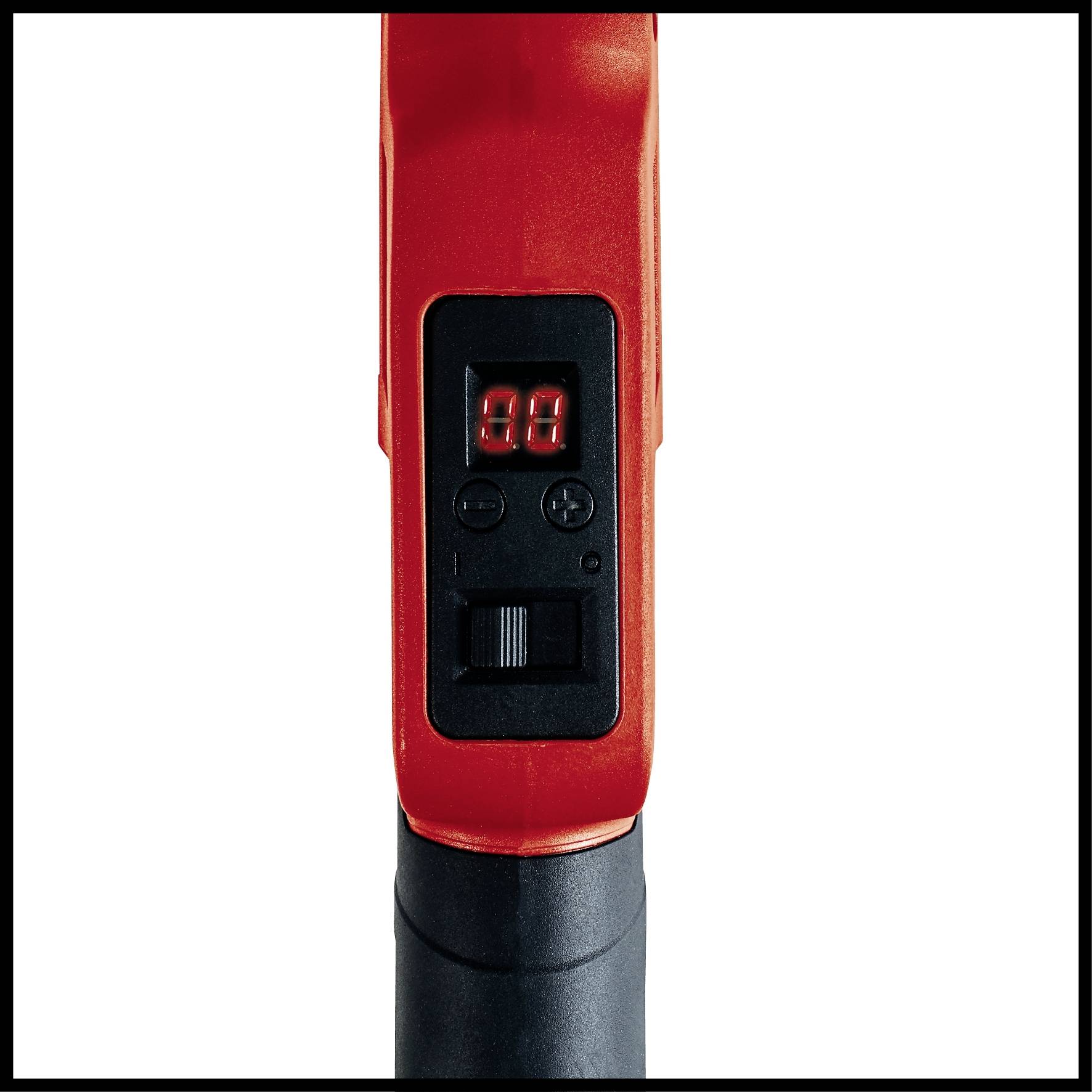 A red electronic device with a digital display, showing '00'. It has control buttons and is likely used for temperature or power setting.