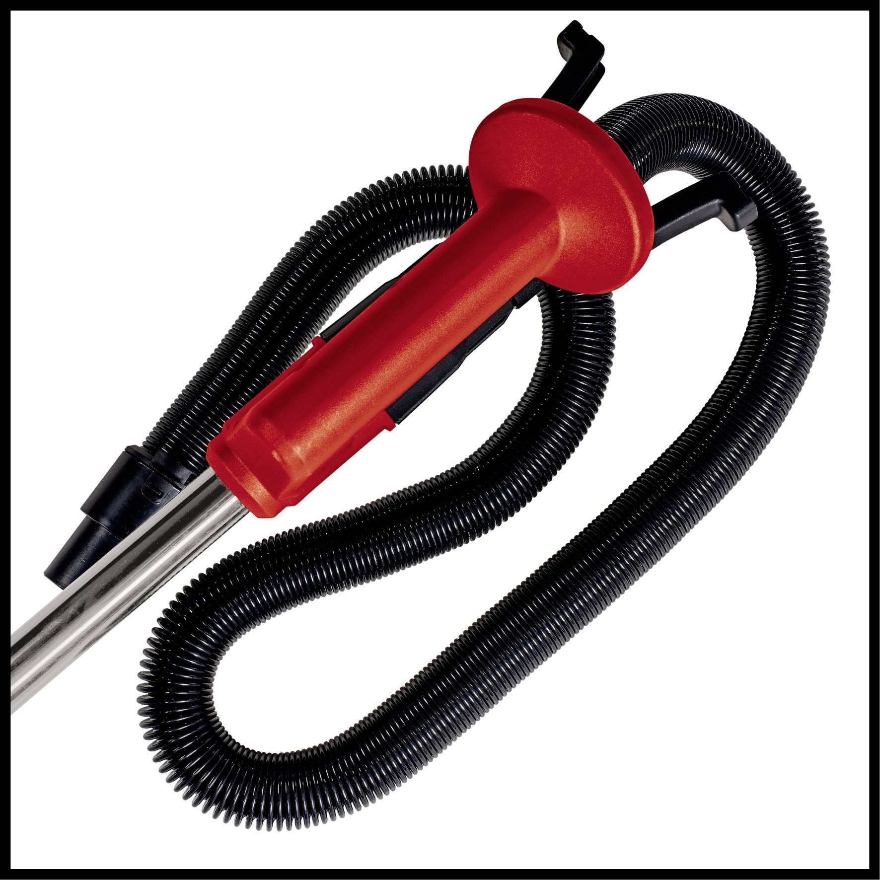 Red vacuum cleaner hose with black, flexible extension against a light background.