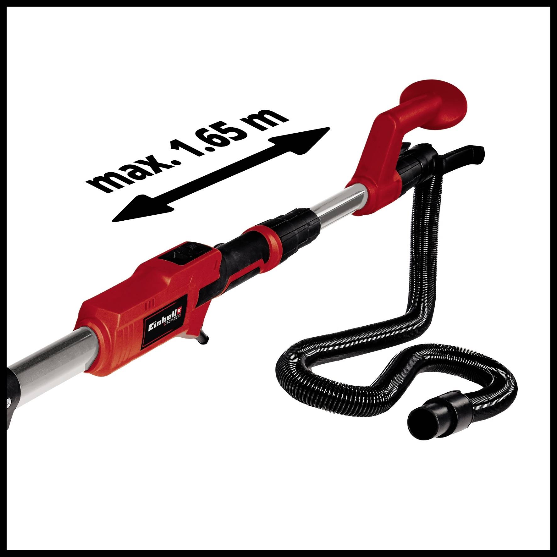 'Telescopic pole up to 1.65 m' with vacuum cleaner hose and handle. Suitable for extended cleaning reach.