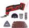 A red multi-functional tool with various attachments and sanding blades. Battery area marked, but battery is missing.
