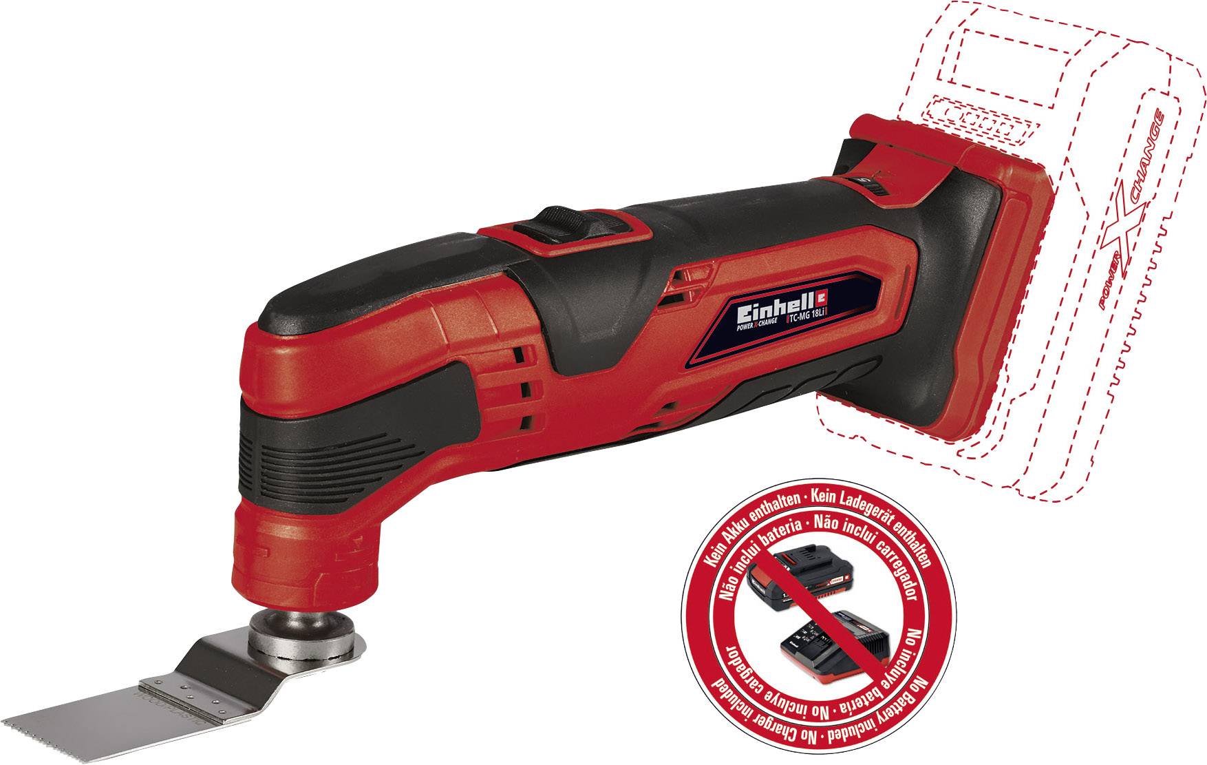 Cordless Multi-Function Tool in Red and Black, with Einhell Logo, including Scraper Attachment. Note: Battery sold separately.