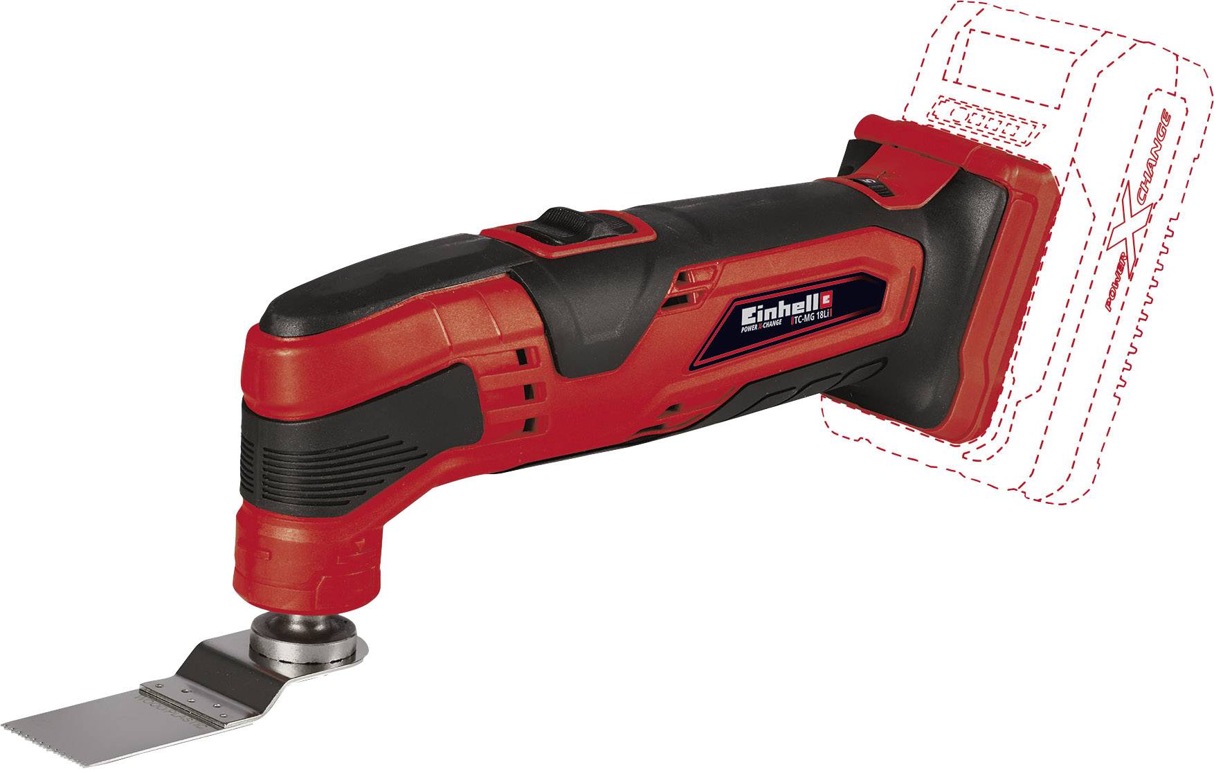 An Einhell cordless drill with a red and black design. The pictured blade is flat and positioned to the left.