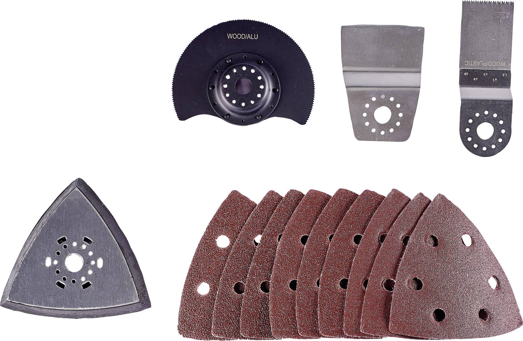 Several grinding and cutting attachments for multi-function tools, including triangular, round and rectangular shapes.