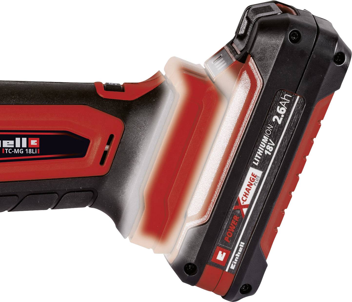A cordless drill with a red and black casing by 'Einhell'. The battery displays a rating of 18V and 2.6Ah capacity.