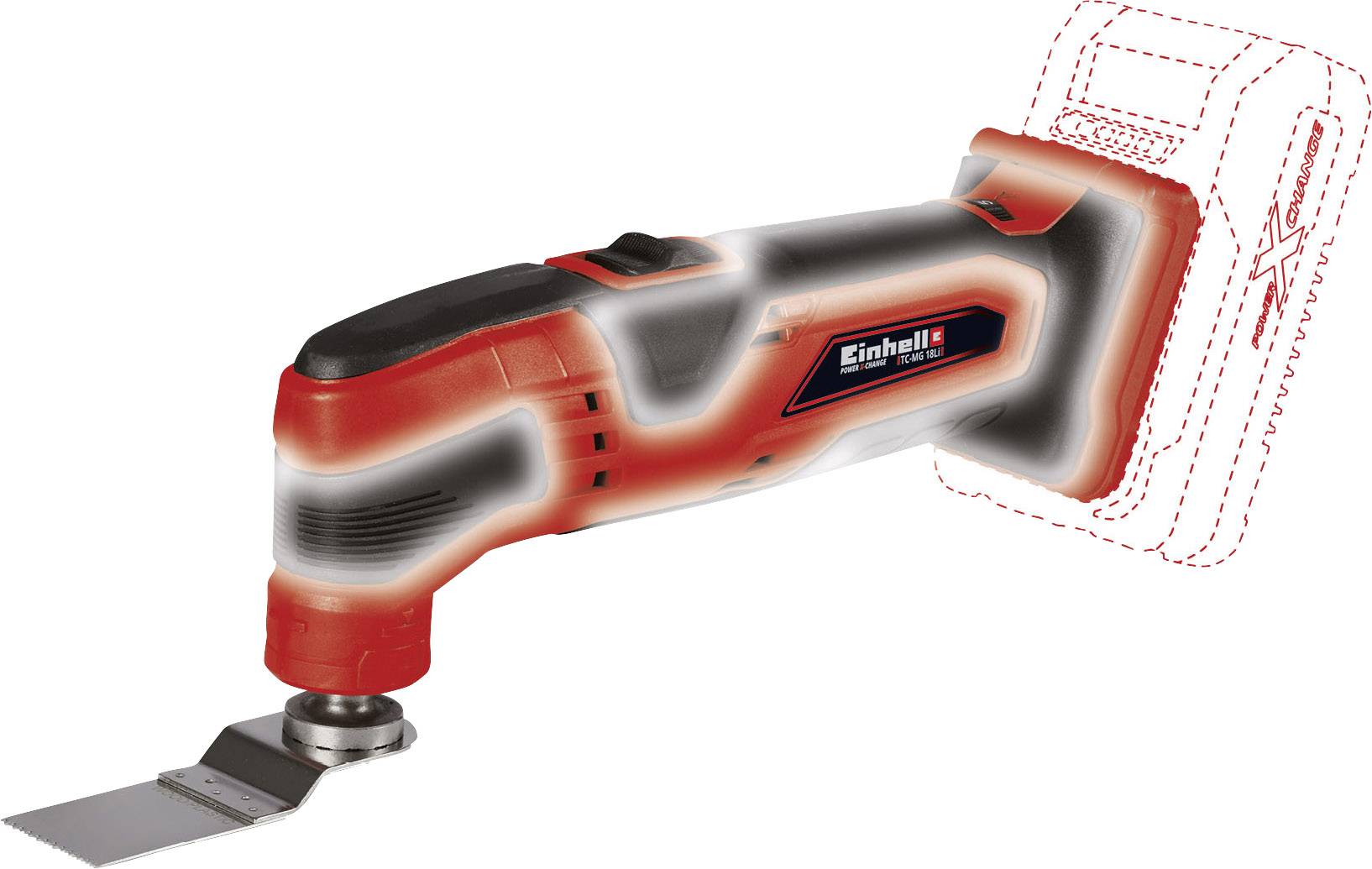 A red and black multi-functional tool with a saw blade, used with a removable battery.