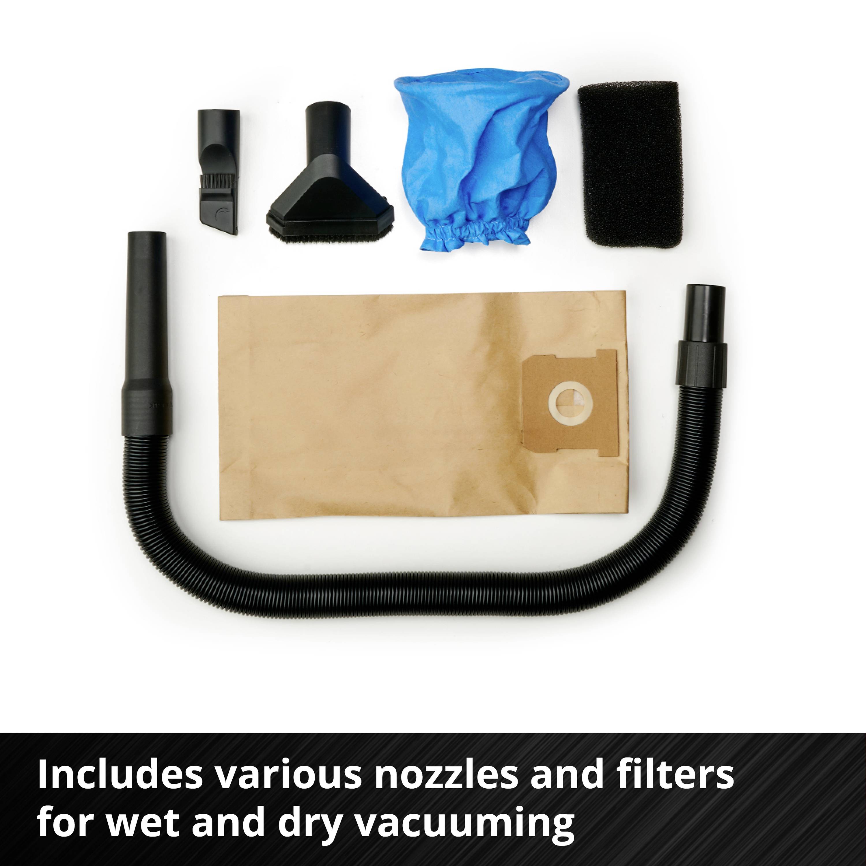 Set of vacuum cleaner accessories with hoses, nozzles, dust bags and filters for wet and dry vacuuming; Text: 'Includes various nozzles and filters for wet and dry vacuuming'.