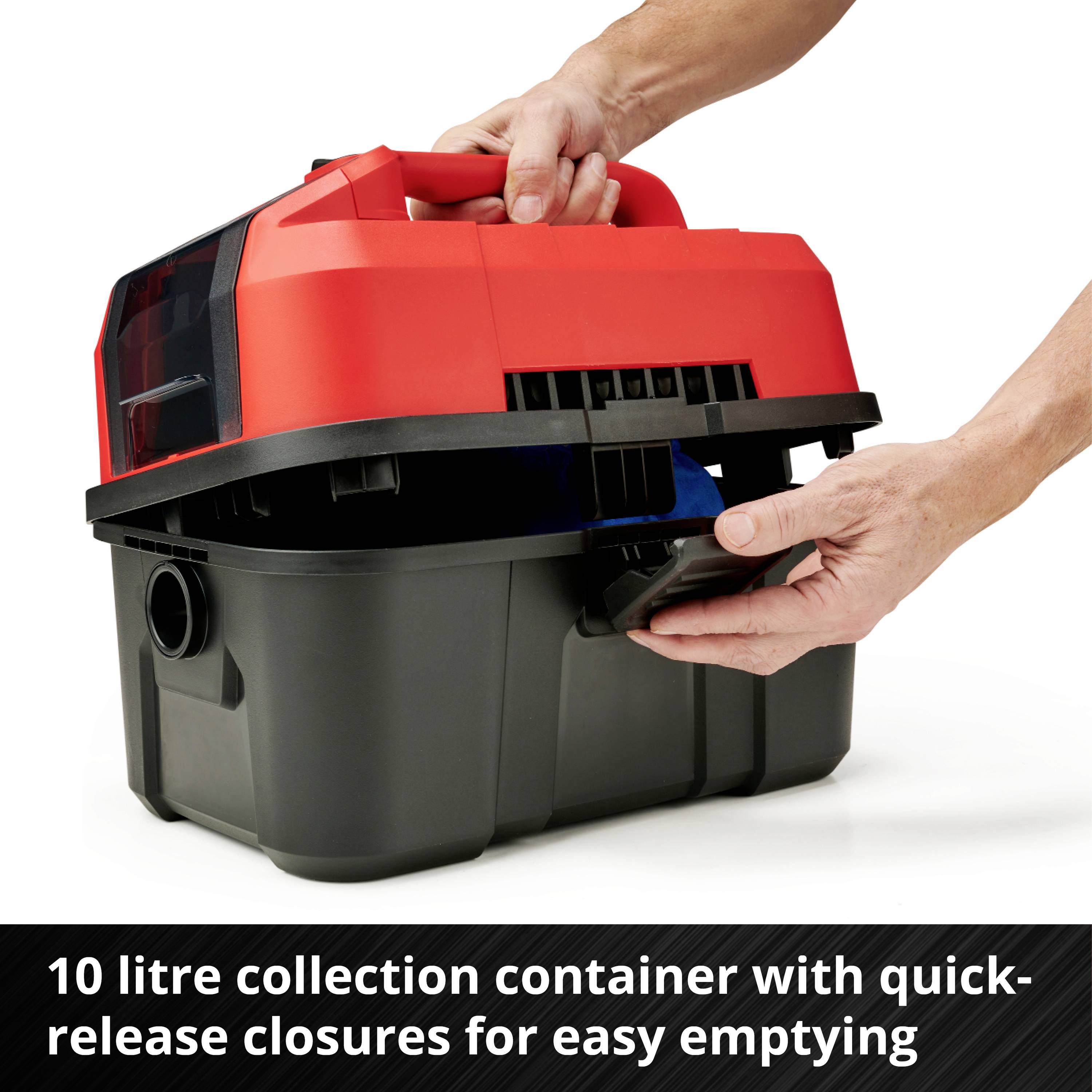 A hand opens a 10-litre collection container with quick-release fasteners on a device. Text: '10 litre collection container with quick-release fasteners for easy emptying'.