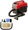 Red and black wet and dry vacuum cleaner with multiple attachments and accessories, including hose and dust bag.
