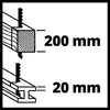 Schematic Diagram: Above, wooden piece cut with a saw, width '200 mm'; below, metal profile, width '20 mm', also cut.