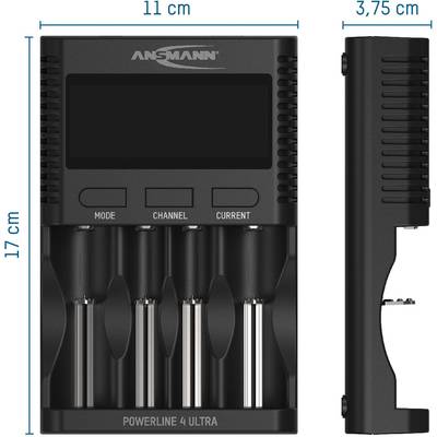 'ANSMANN Powerline 4 Ultra Charger, 4 slots, display for mode, channel, current strength. Dimensions: 11 cm x 17 cm x 3.75 cm.'