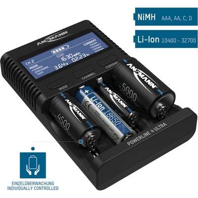 Battery charger with display, charges partially charged batteries. Charge status, voltage, and charging time displayed. Suitable for four batteries.