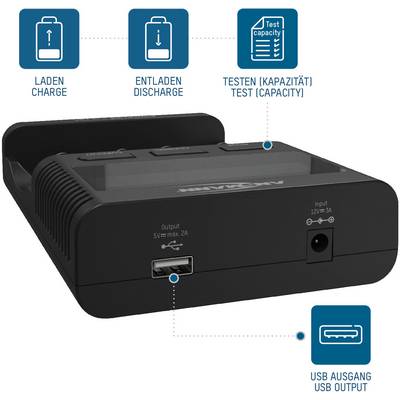 A battery charger with a USB output and diagrammatic instructions for charging, discharging, and testing capacity.