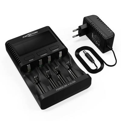 Battery charger with four AA rechargeable batteries and power adapter, suitable for various charging options, featuring a digital display and connection cable.
