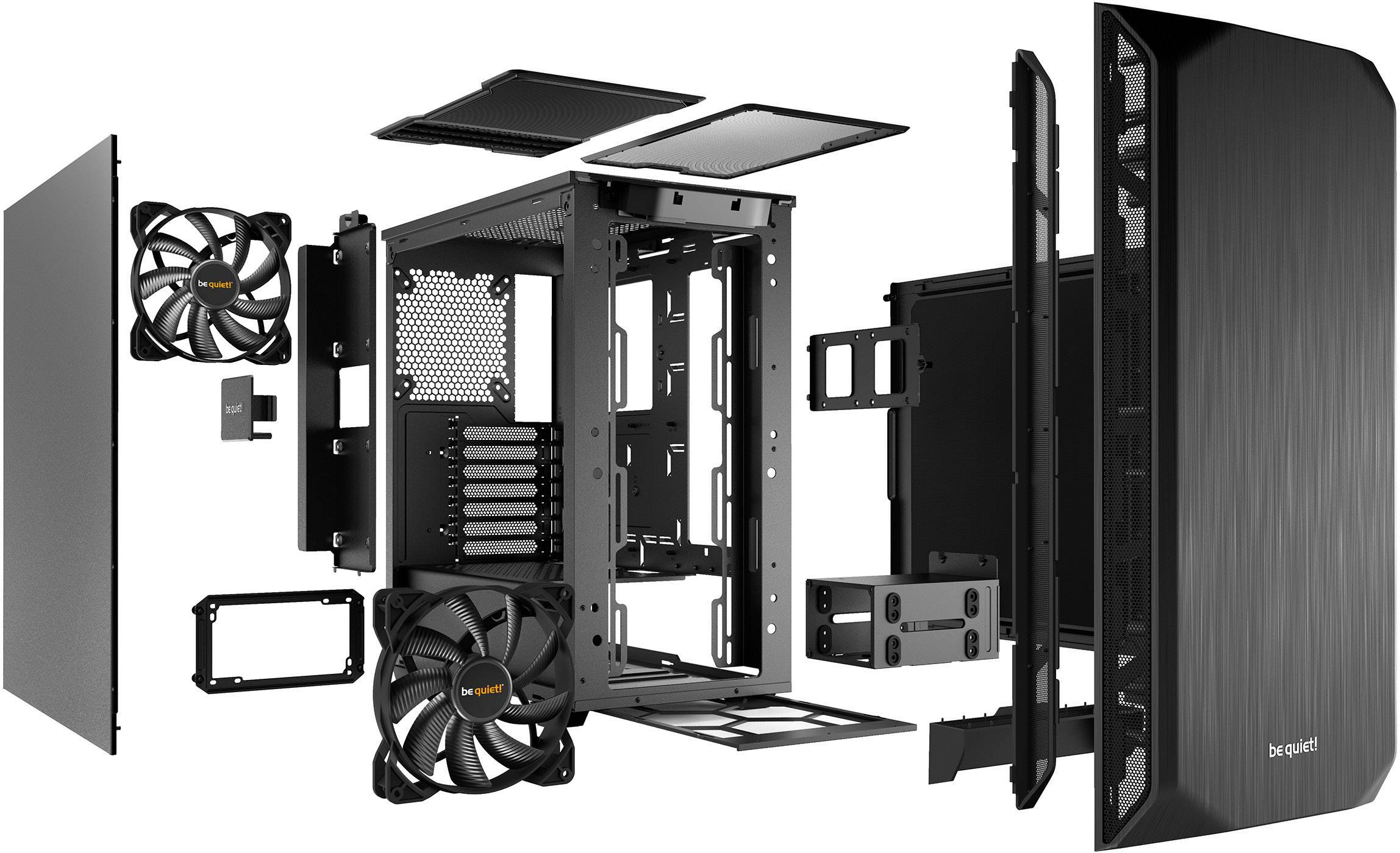 Exploded diagram of a computer case with removable side panels, fans, and frame, showing the internal layout.