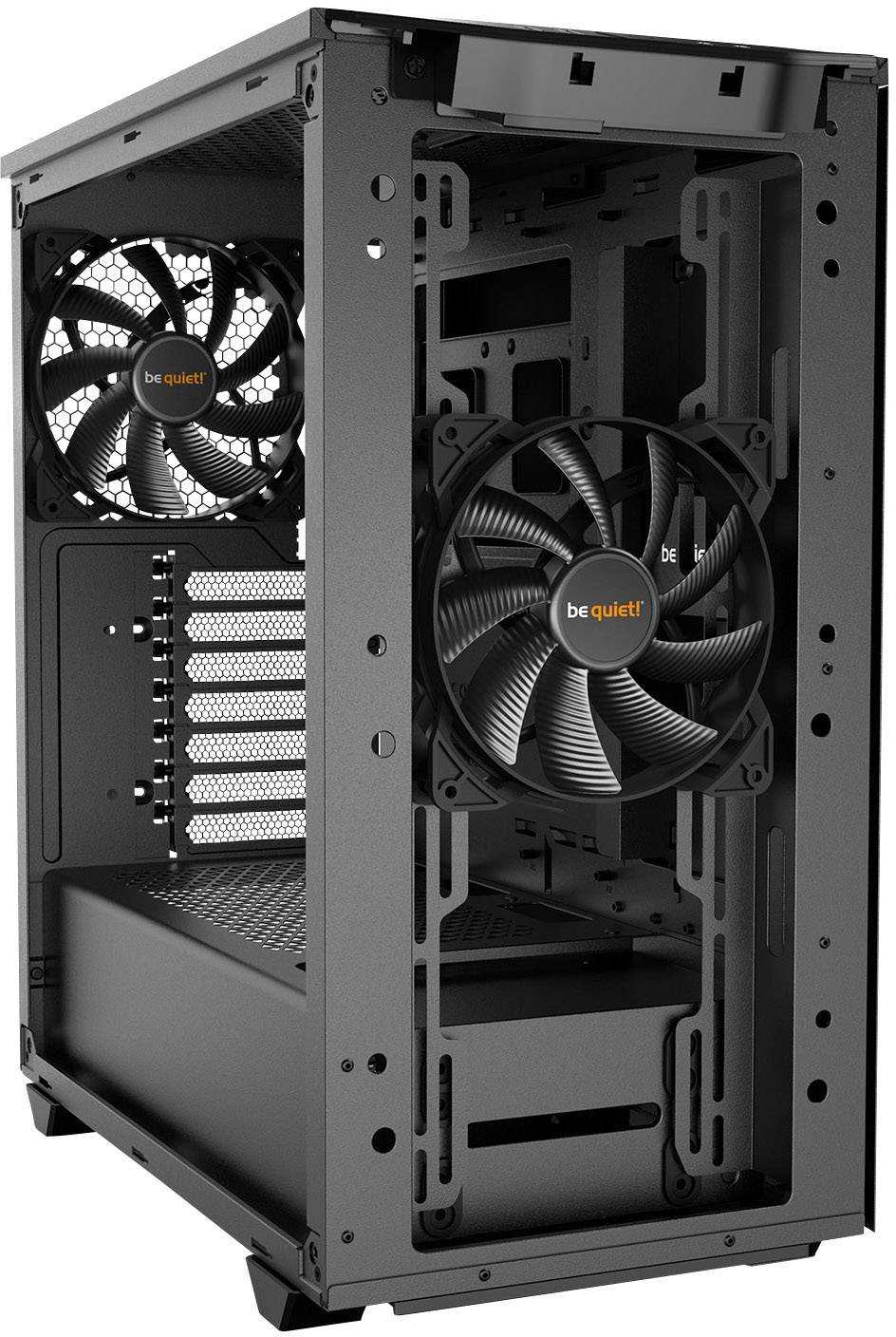 An open, black computer chassis with two visible fans, offering space for additional hardware components.