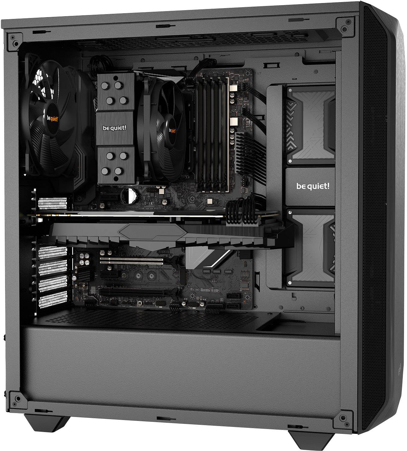 A vertically standing computer case reveals a detailed interior view with fans, motherboard, and graphics card from 'be quiet!'.