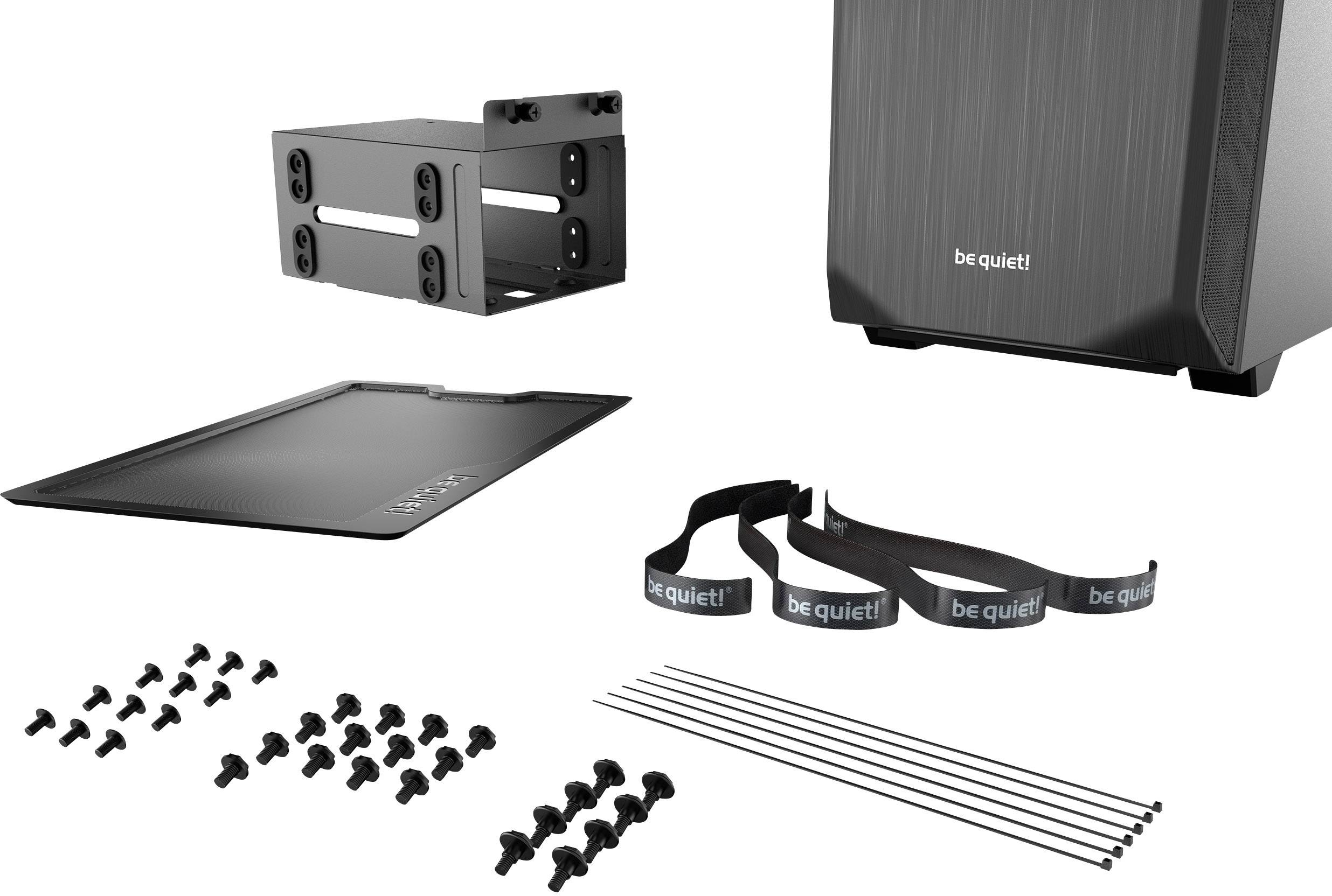 Computer case accessory set: Mounting screws, bracket, cable ties with 'be quiet!' logo, cover plate, black case component.