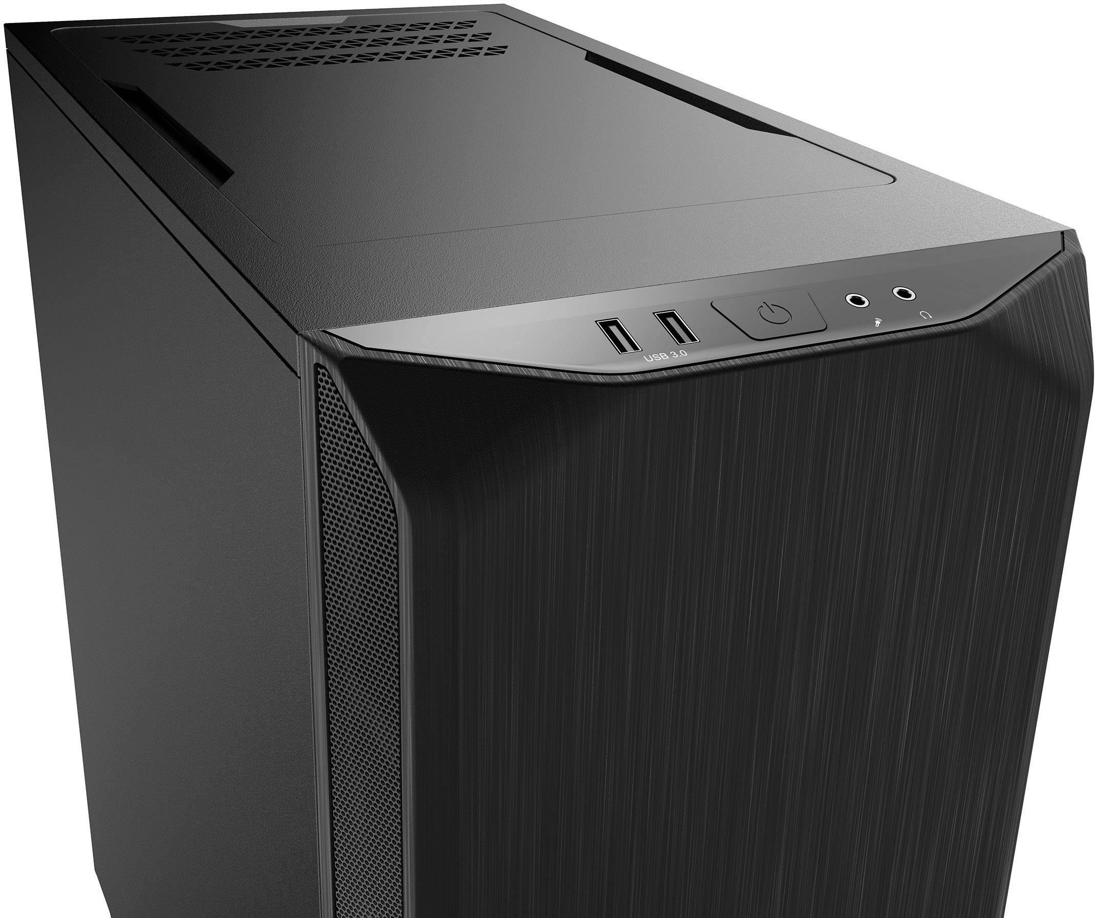 Black computer case with USB ports and power button at the top of the front panel. Simple design with ventilated top surface.