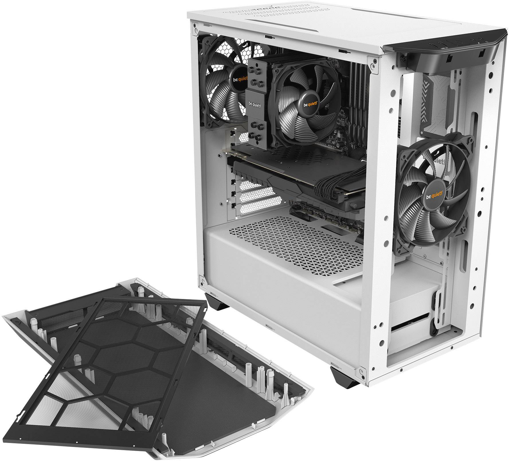 Open white computer case with installed fans and black dust filter on the base. No other components visible.