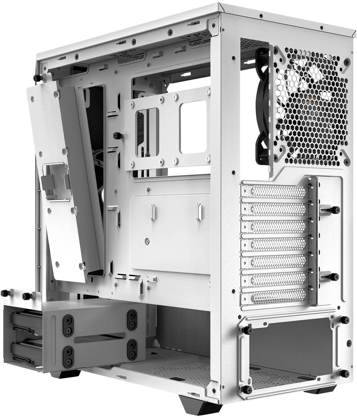 An open, silver computer case with a fan at the rear, space for hard drives and expansion cards.