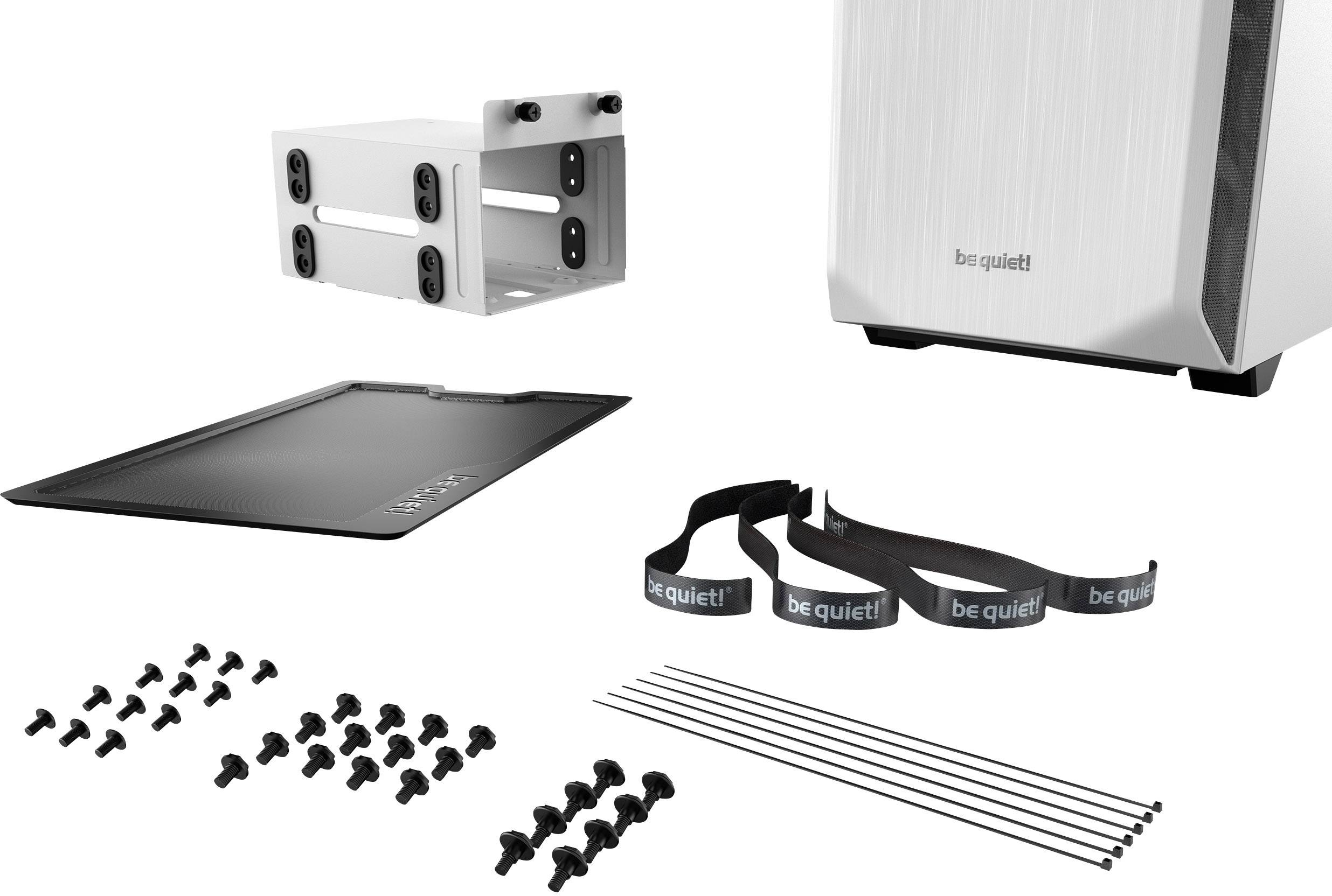 'PC case accessory set consisting of screws, cable ties, cable straps and a drive bay. Brand logo "be quiet!" visible.'
