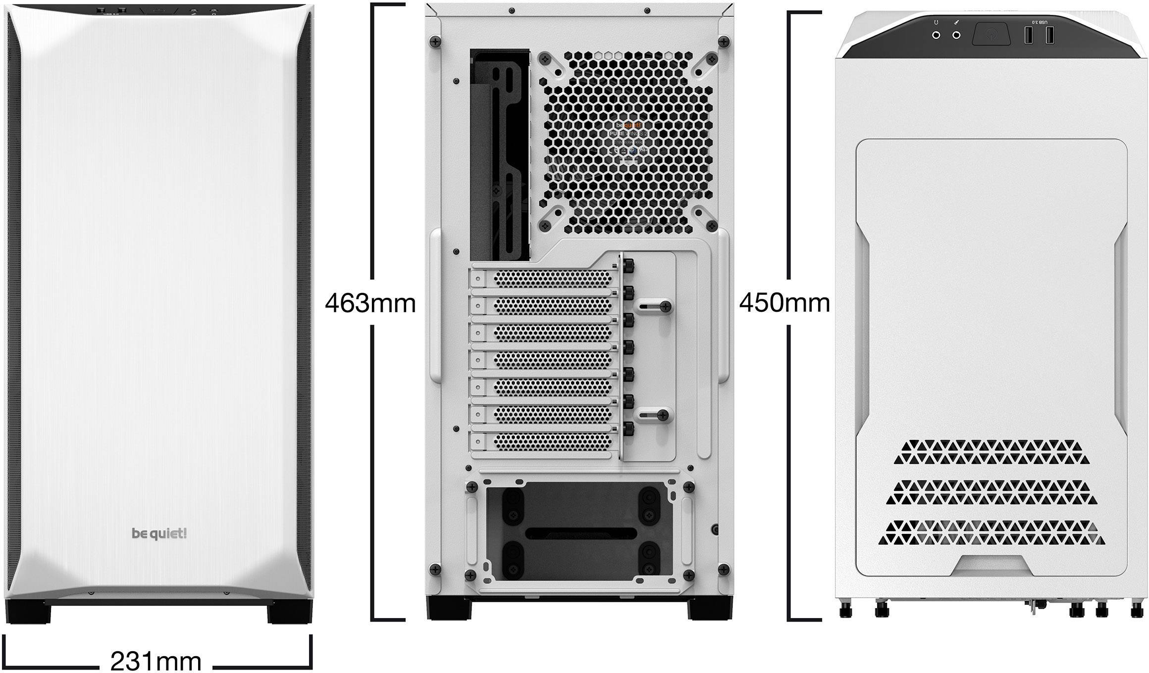 View of a computer case from three angles. Left: Front view, simple metal design. Centre: Rear view with ventilation grille and expansion slots. Right: Top view. Dimensions indicated.