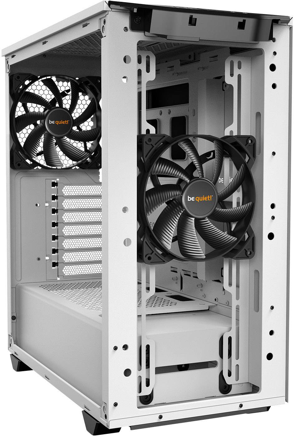 A white computer case with two fans mounted on the front. Open side panel reveals the interior of the case.