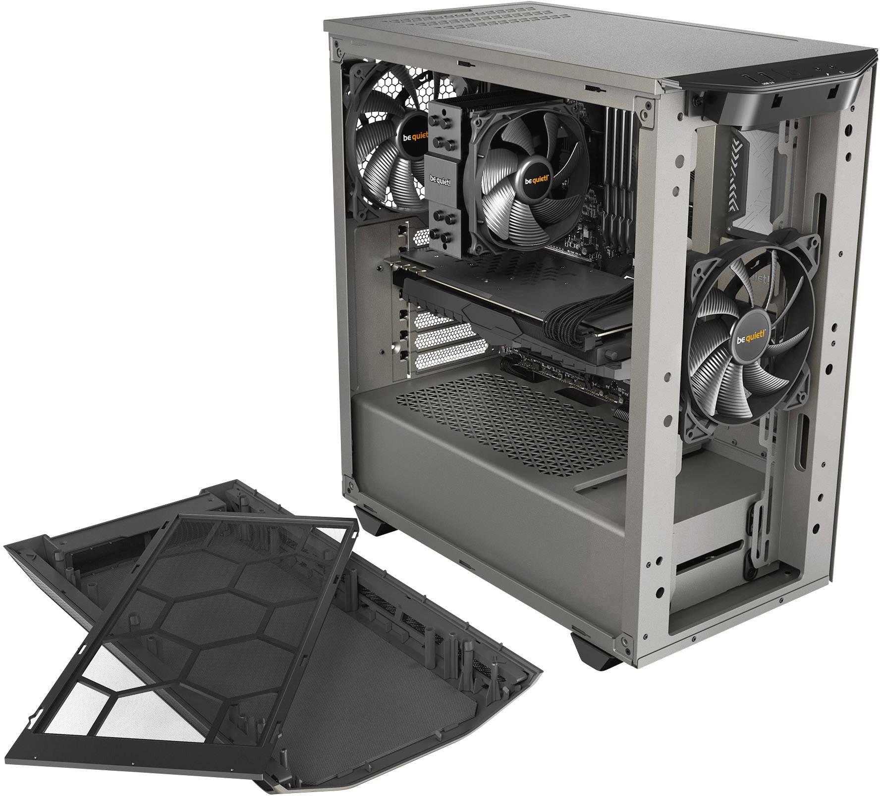 Open computer case with three installed fans and a graphics card; side panels are placed beside it.