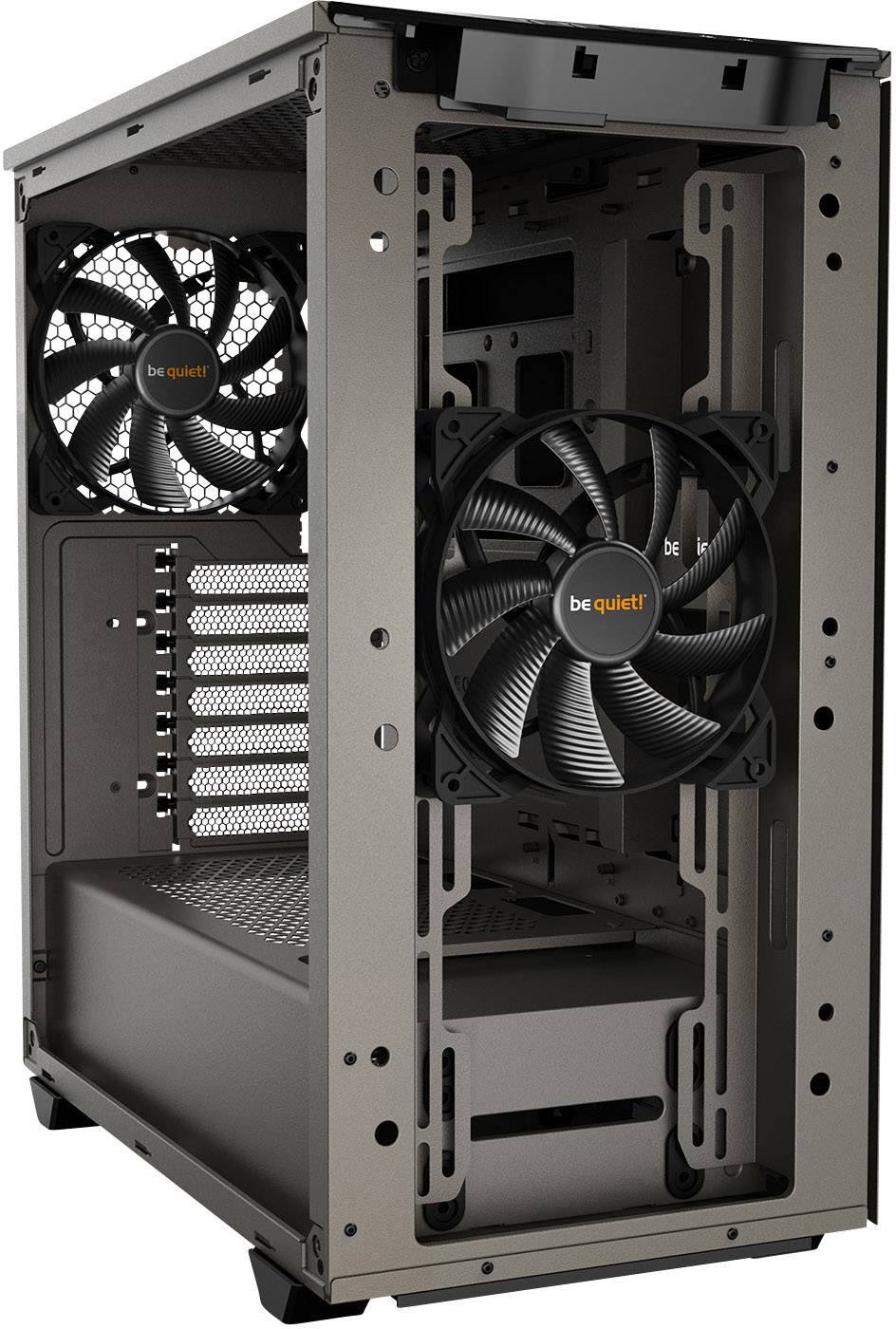 Computer PC case in black with visible fans at the front and an open interior view.