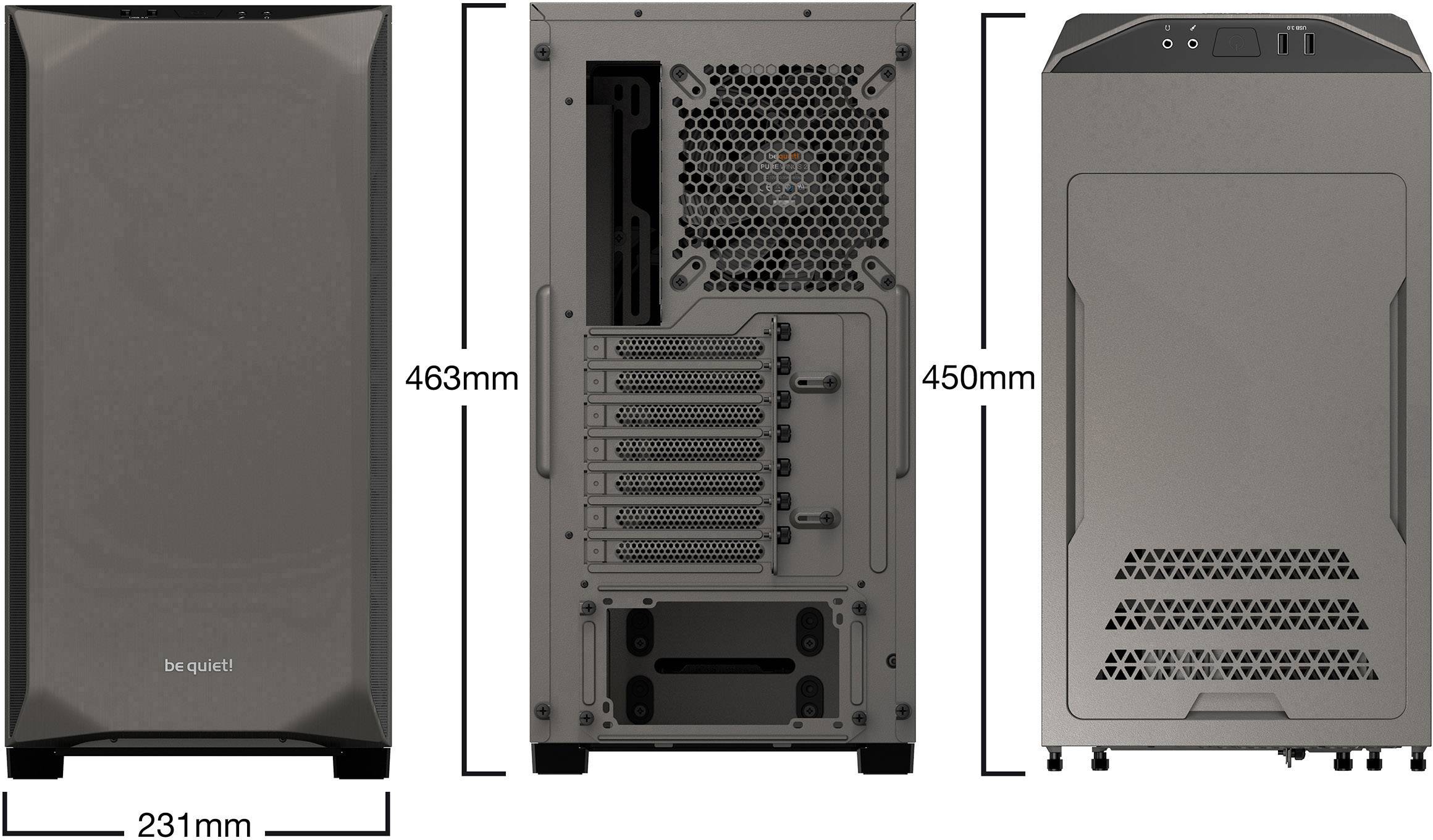 'PC case in three views: Front view, rear view with ventilation and connections, side view with air intakes. Dimensions 231 x 463 x 450 mm.'