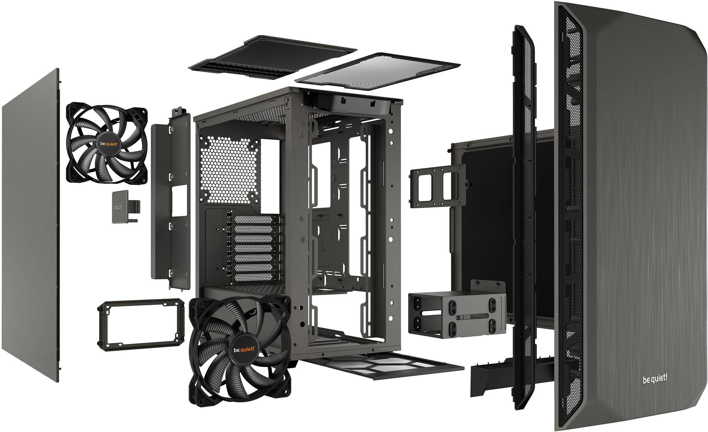 Dismantled PC case with visible individual components: case, fans, side panels, and mounting brackets. Main components have been taken apart.