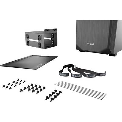 Accessories for a computer case, including screws, cable ties, mounting brackets and a case part with the 'be quiet!' logo.
